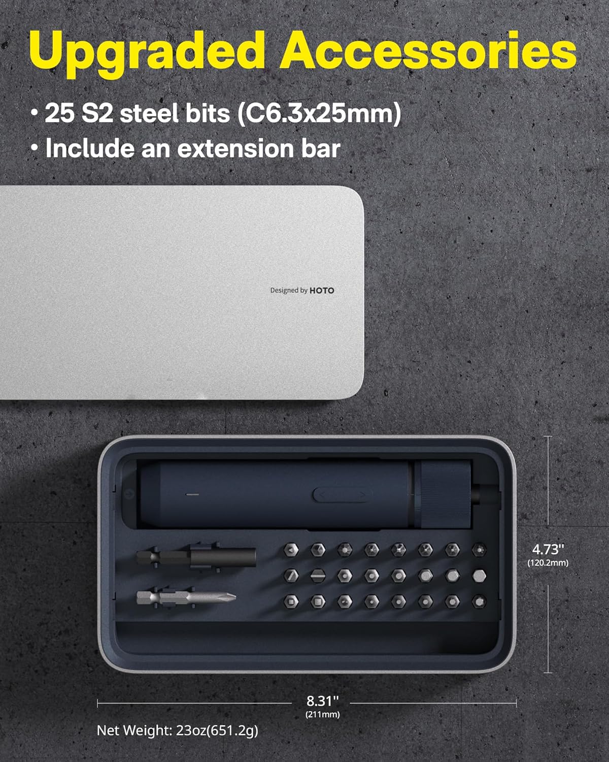 25-piece cordless electric screwdriver kit with USB-C charging, black utilitarian design, includes bits and accessories — side