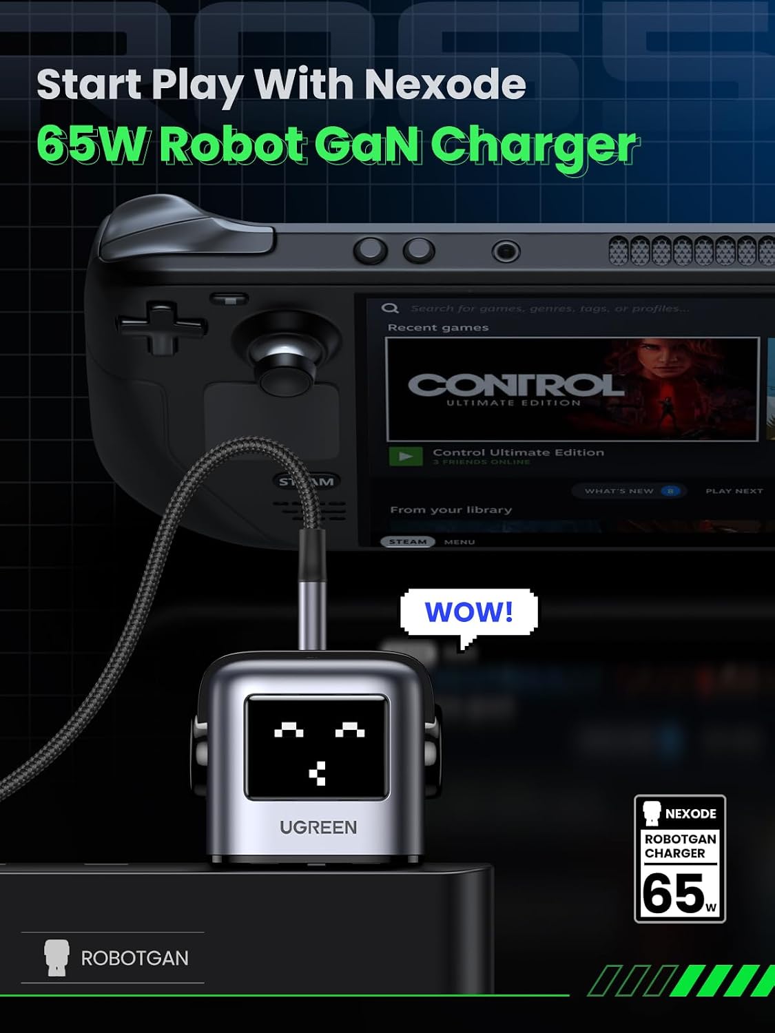 UGREEN Uno 65W USB-C GaN fast charger with 3 ports in black, minimalist desktop design — side