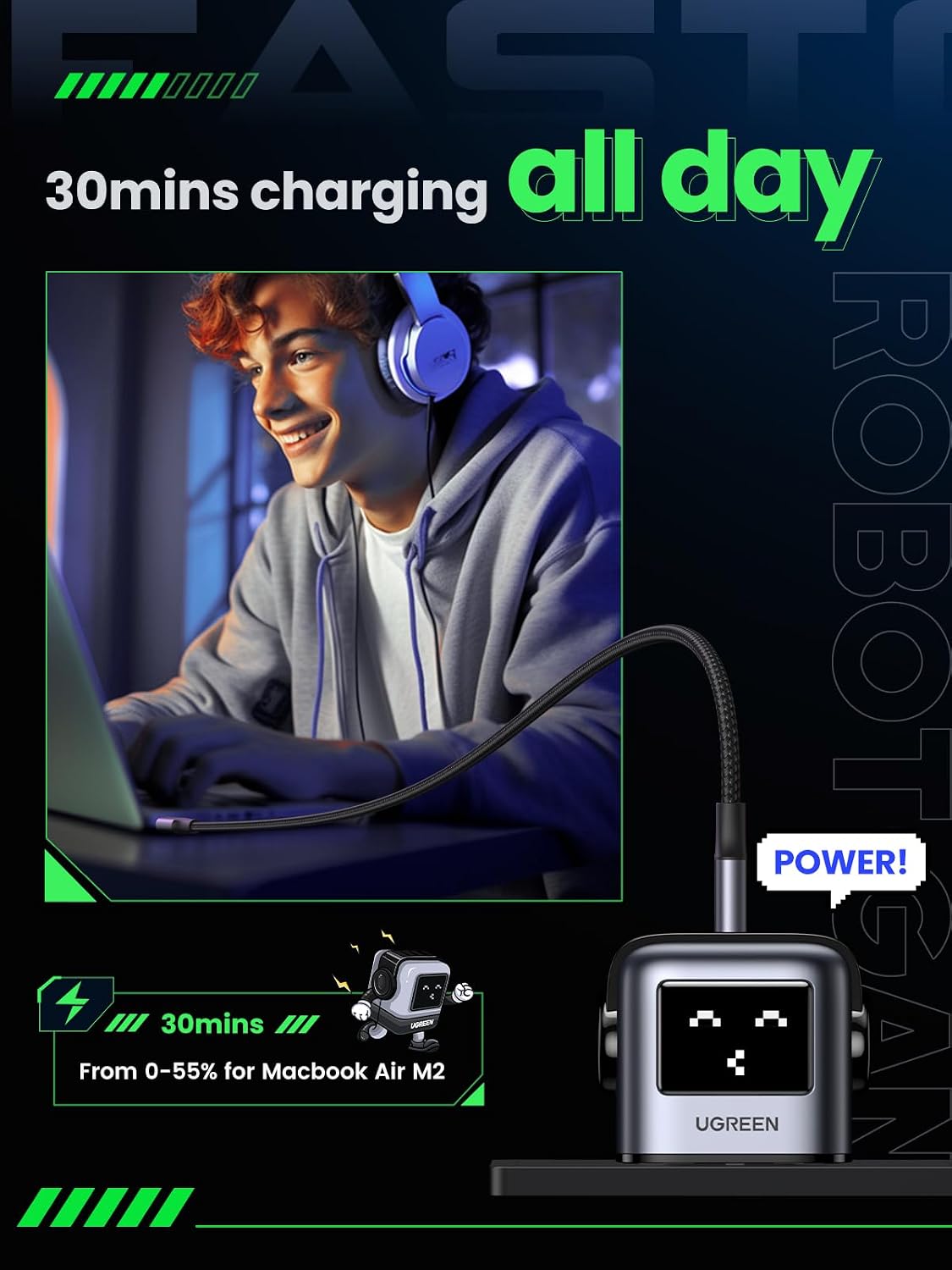UGREEN Uno 65W USB-C GaN fast charger with 3 ports in black, minimalist desktop design — back