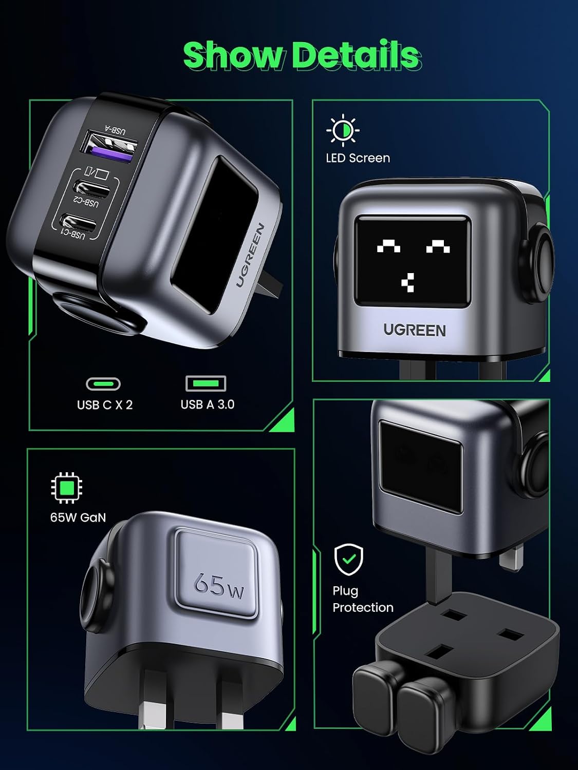 UGREEN Uno 65W USB-C GaN fast charger with 3 ports in black, minimalist desktop design — view 3