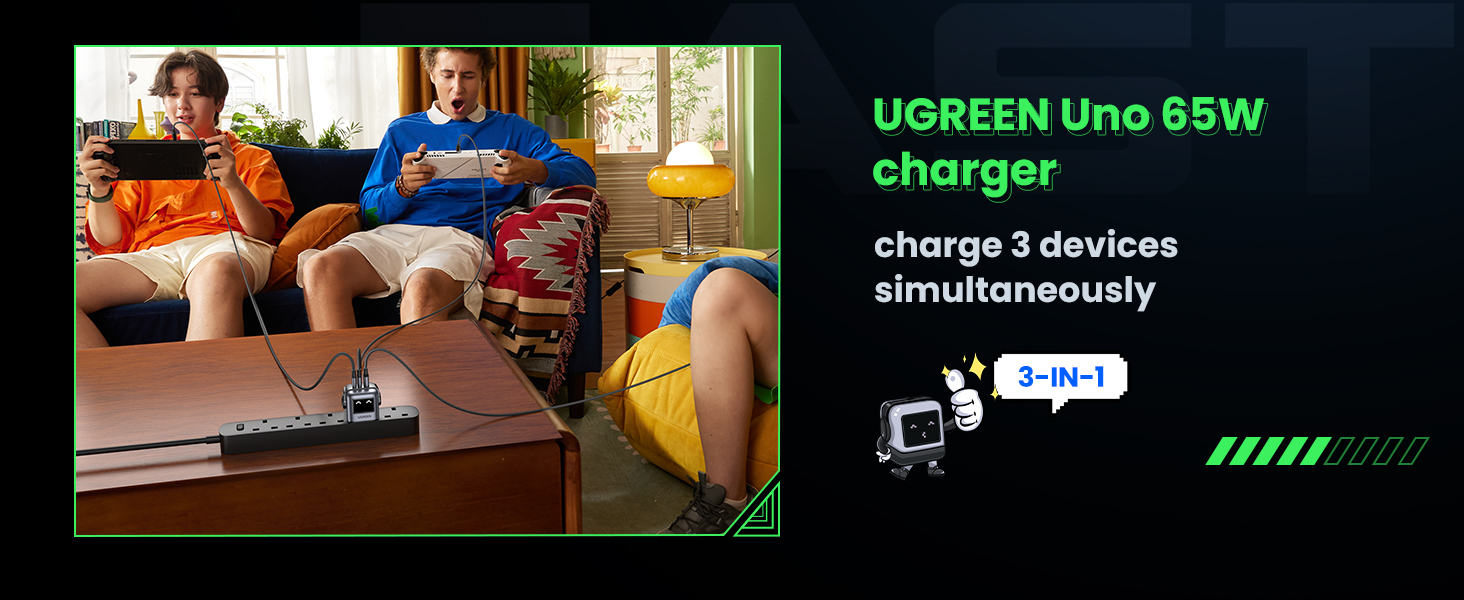 UGREEN Uno 65W USB-C GaN fast charger with 3 ports in black, minimalist desktop design — view 5a