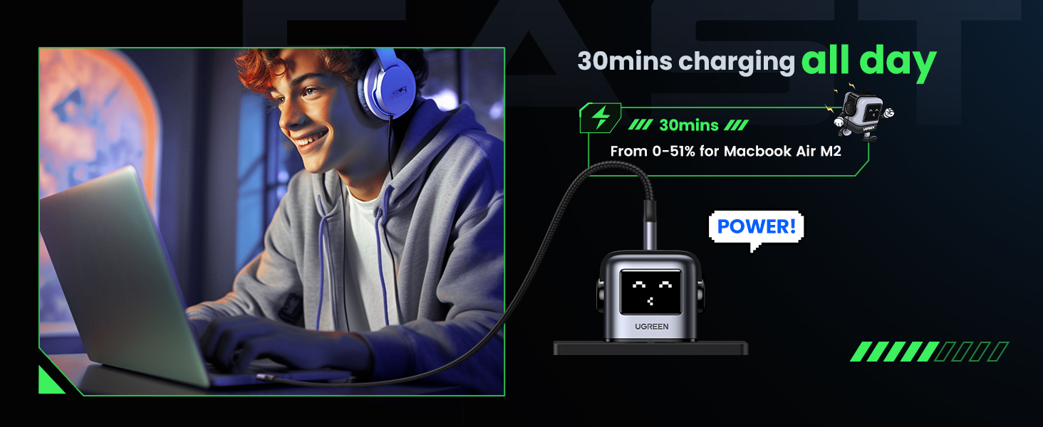 UGREEN Uno 65W USB-C GaN fast charger with 3 ports in black, minimalist desktop design — view 5b