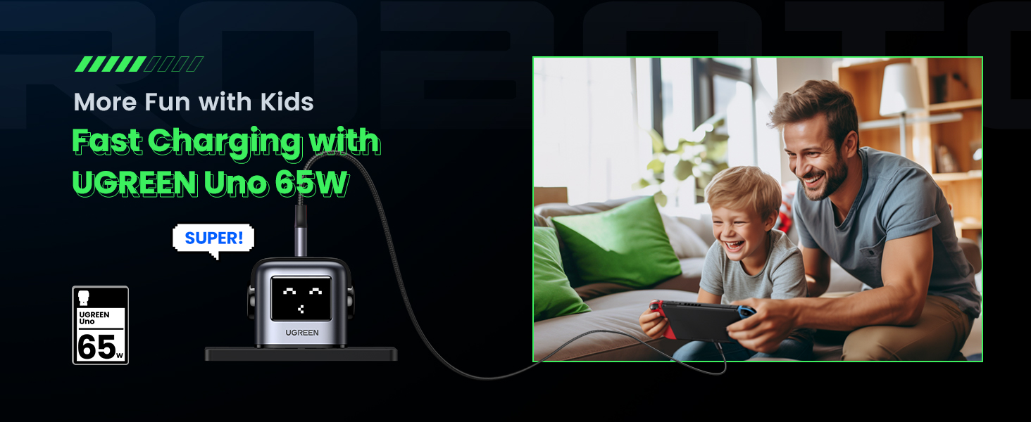 UGREEN Uno 65W USB-C GaN fast charger with 3 ports in black, minimalist desktop design — view 6