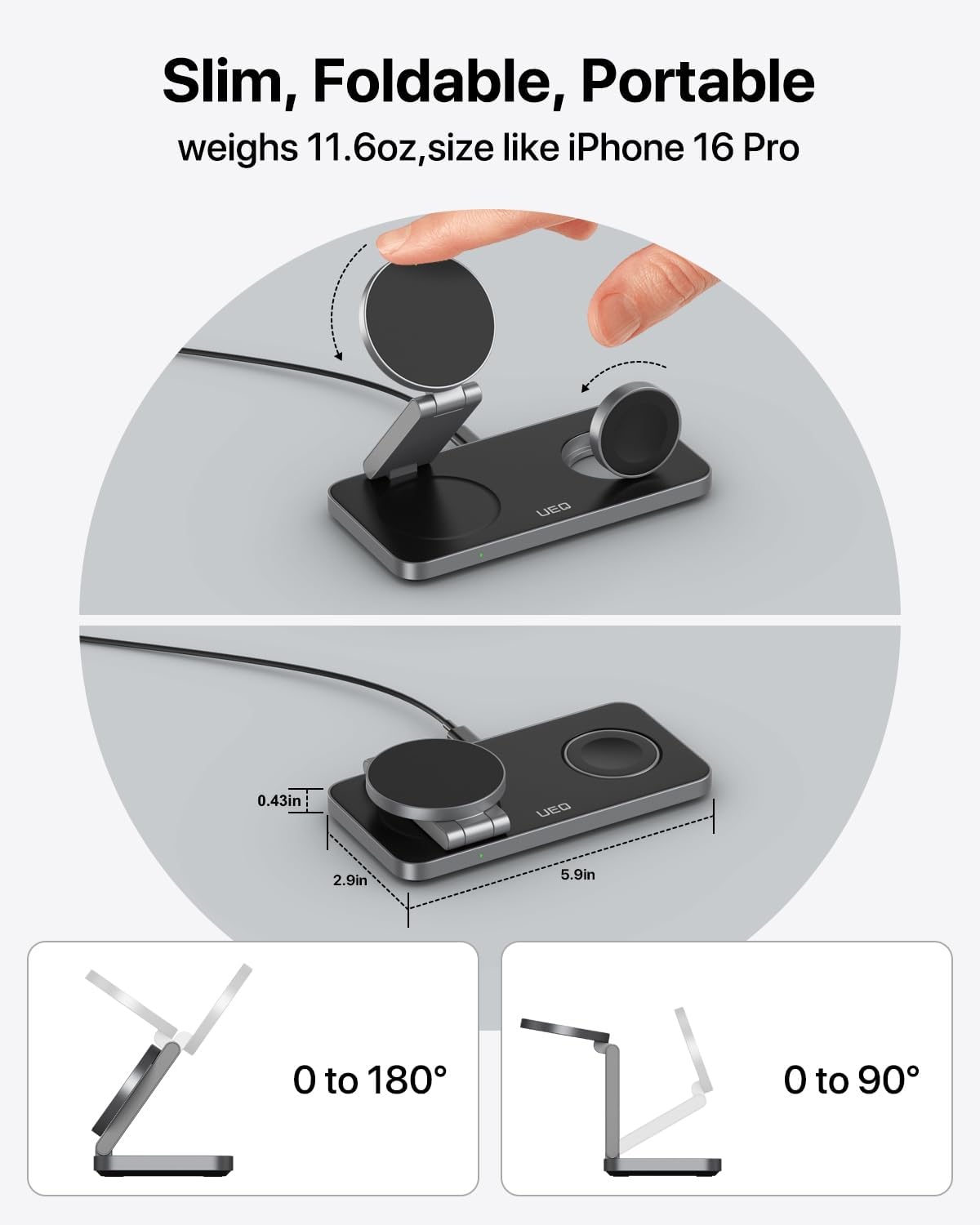 Foldable 3-in-1 wireless charging station in pure black, holding iPhone, AirPods Pro, and Apple Watch simultaneously โ back