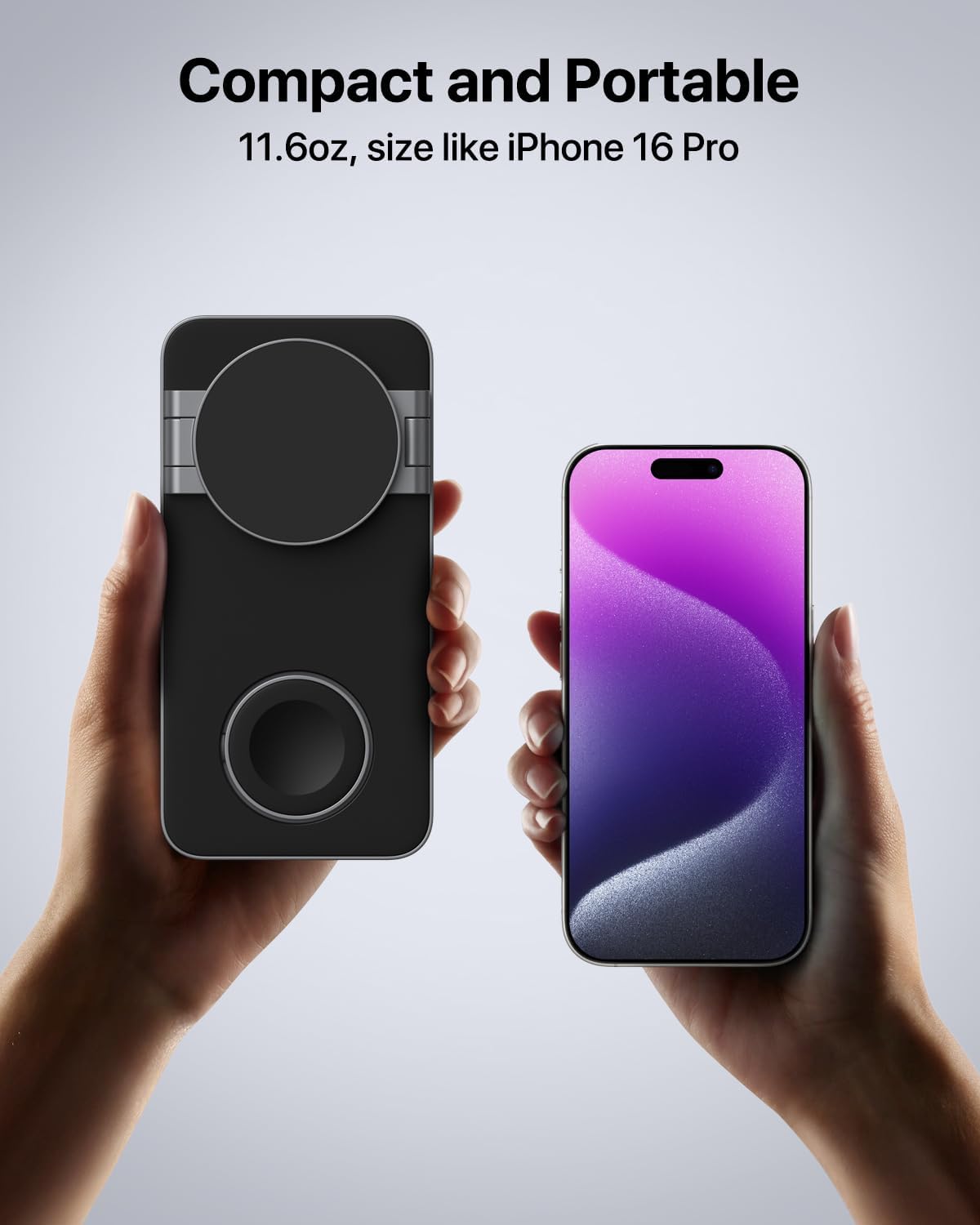 Foldable 3-in-1 wireless charging station in pure black, holding iPhone, AirPods Pro, and Apple Watch simultaneously โ detail