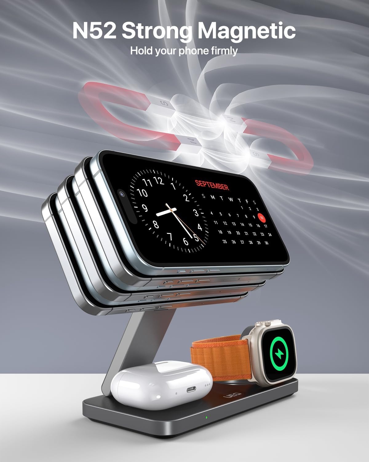 Foldable 3-in-1 wireless charging station in pure black, holding iPhone, AirPods Pro, and Apple Watch simultaneously โ view 2