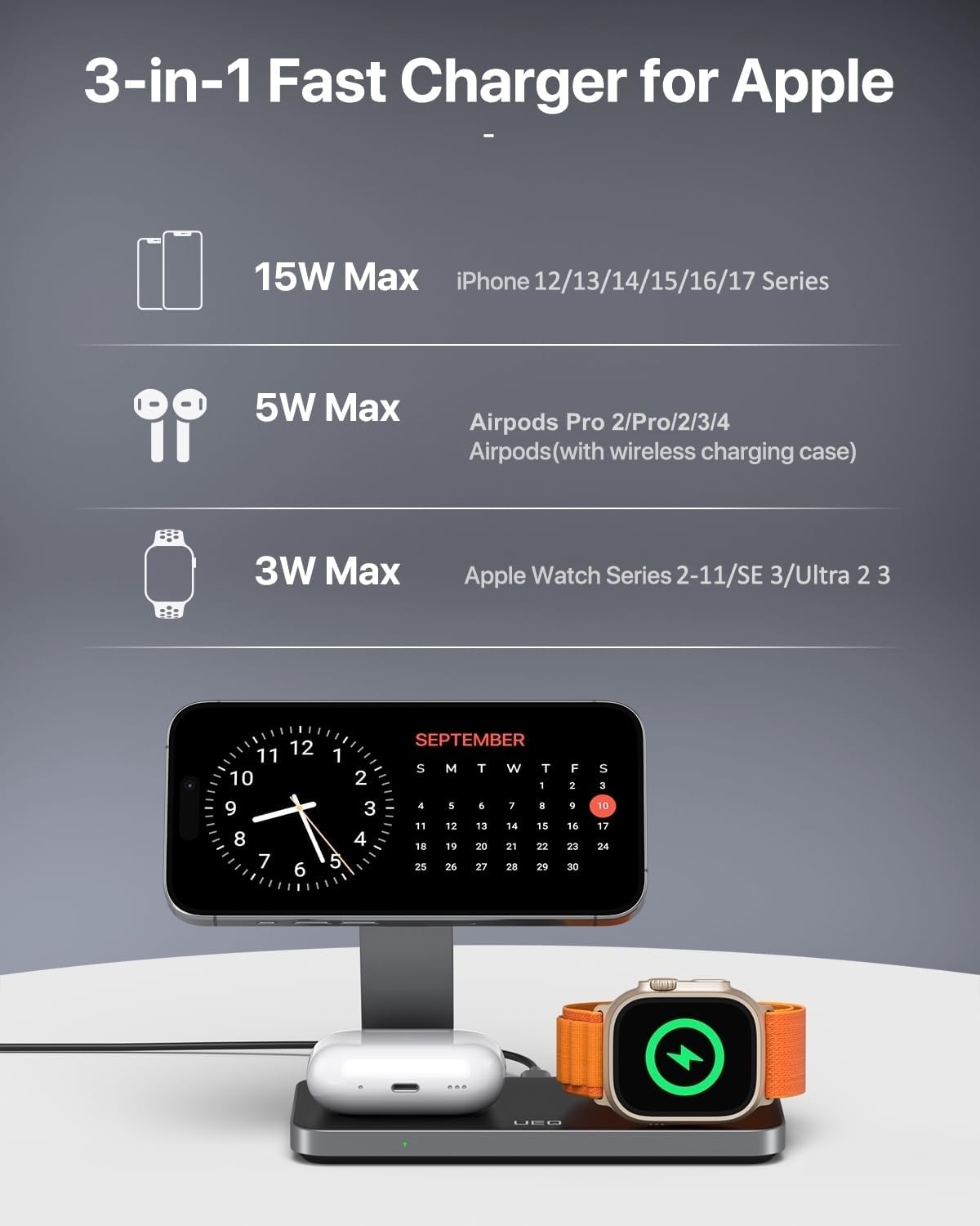 Foldable 3-in-1 wireless charging station in pure black, holding iPhone, AirPods Pro, and Apple Watch simultaneously โ view 3