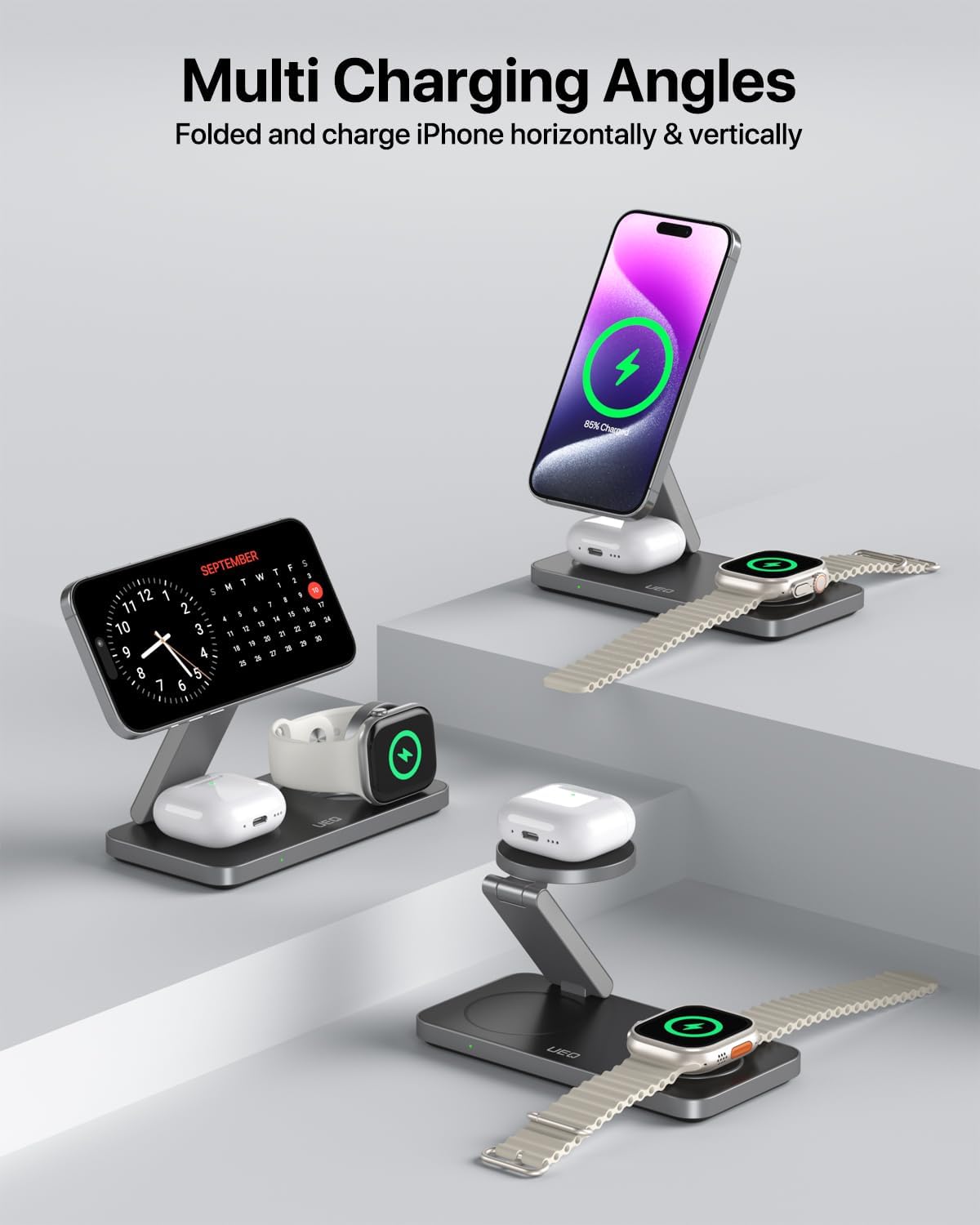 Foldable 3-in-1 wireless charging station in pure black, holding iPhone, AirPods Pro, and Apple Watch simultaneously โ view 5