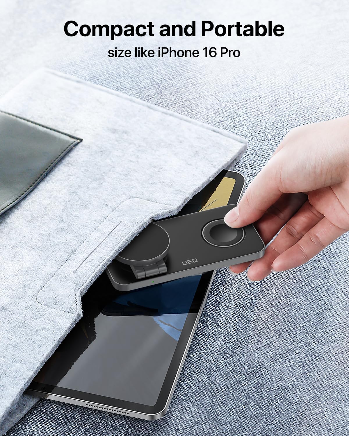Foldable 3-in-1 wireless charging station in pure black, holding iPhone, AirPods Pro, and Apple Watch simultaneously โ view 5a