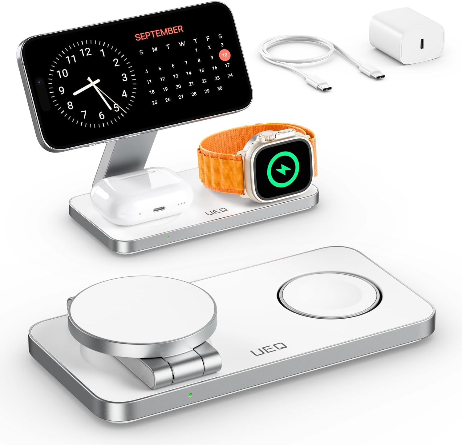 Foldable 3-in-1 wireless charging station in pure black, holding iPhone, AirPods Pro, and Apple Watch simultaneously โ view 5b