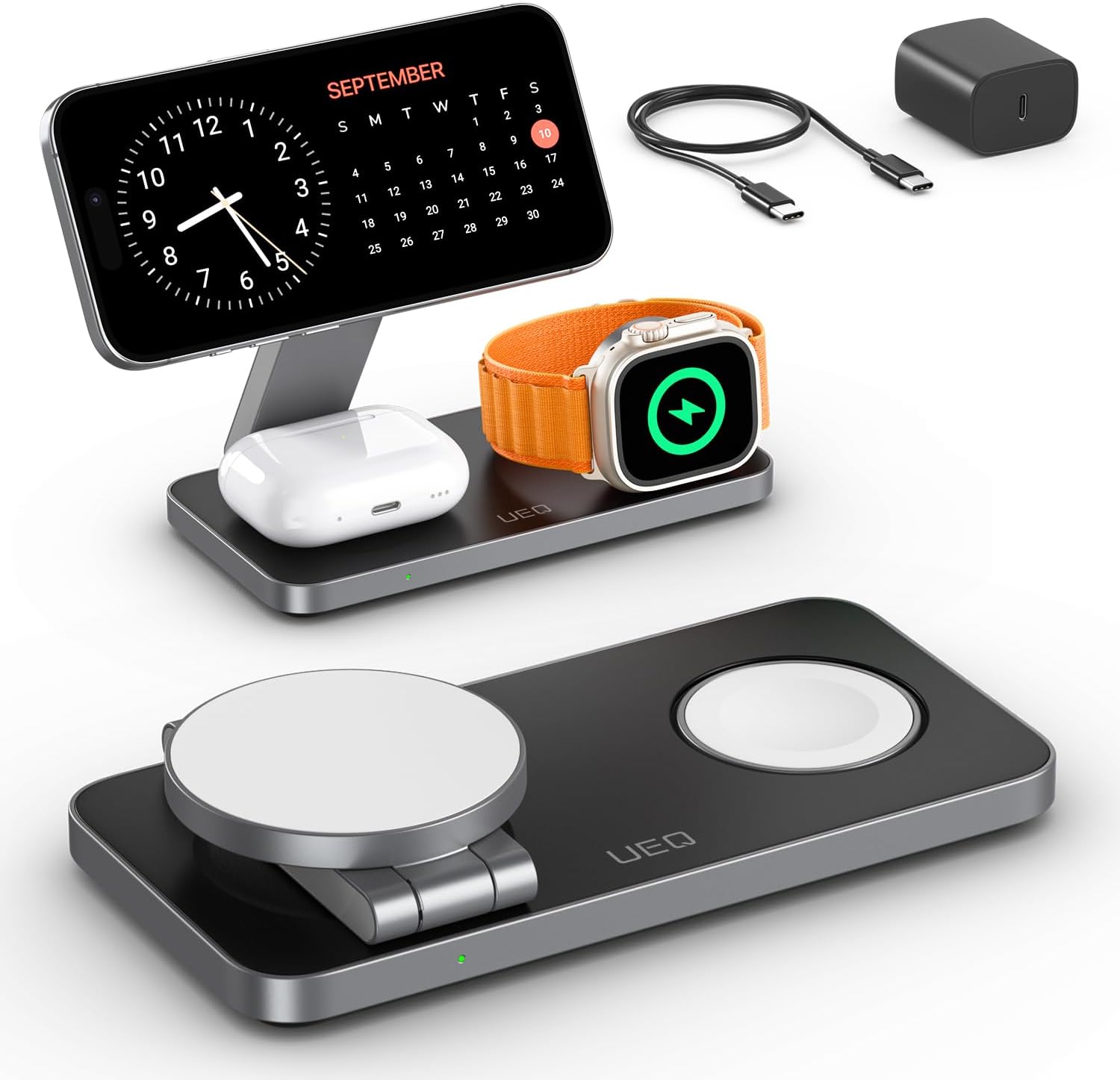 Foldable 3-in-1 wireless charging station in pure black, holding iPhone, AirPods Pro, and Apple Watch simultaneously โ view 6