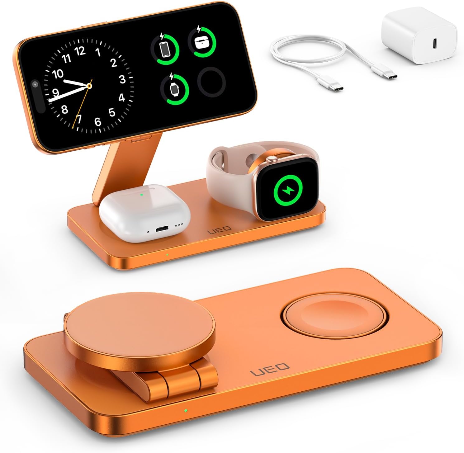 Foldable 3-in-1 wireless charging station in pure black, holding iPhone, AirPods Pro, and Apple Watch simultaneously โ view 7