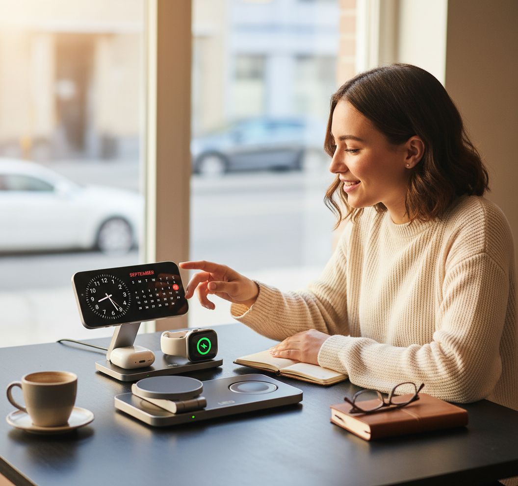 Foldable 3-in-1 wireless charging station in pure black, holding iPhone, AirPods Pro, and Apple Watch simultaneously โ view 2
