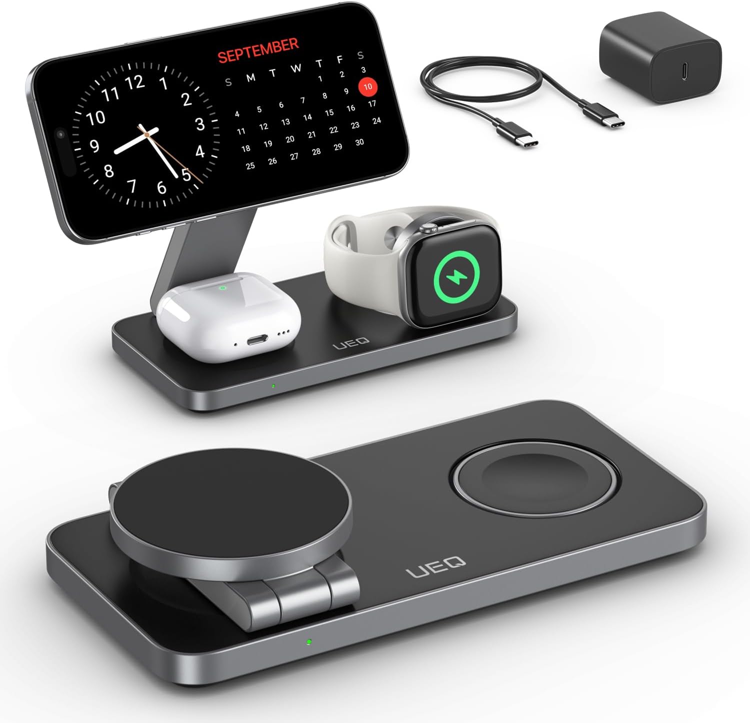 Foldable 3-in-1 wireless charging station in pure black, holding iPhone, AirPods Pro, and Apple Watch simultaneously โ view 3b
