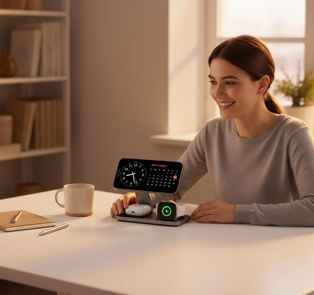Foldable 3-in-1 wireless charging station in pure black, holding iPhone, AirPods Pro, and Apple Watch simultaneously โ view 4