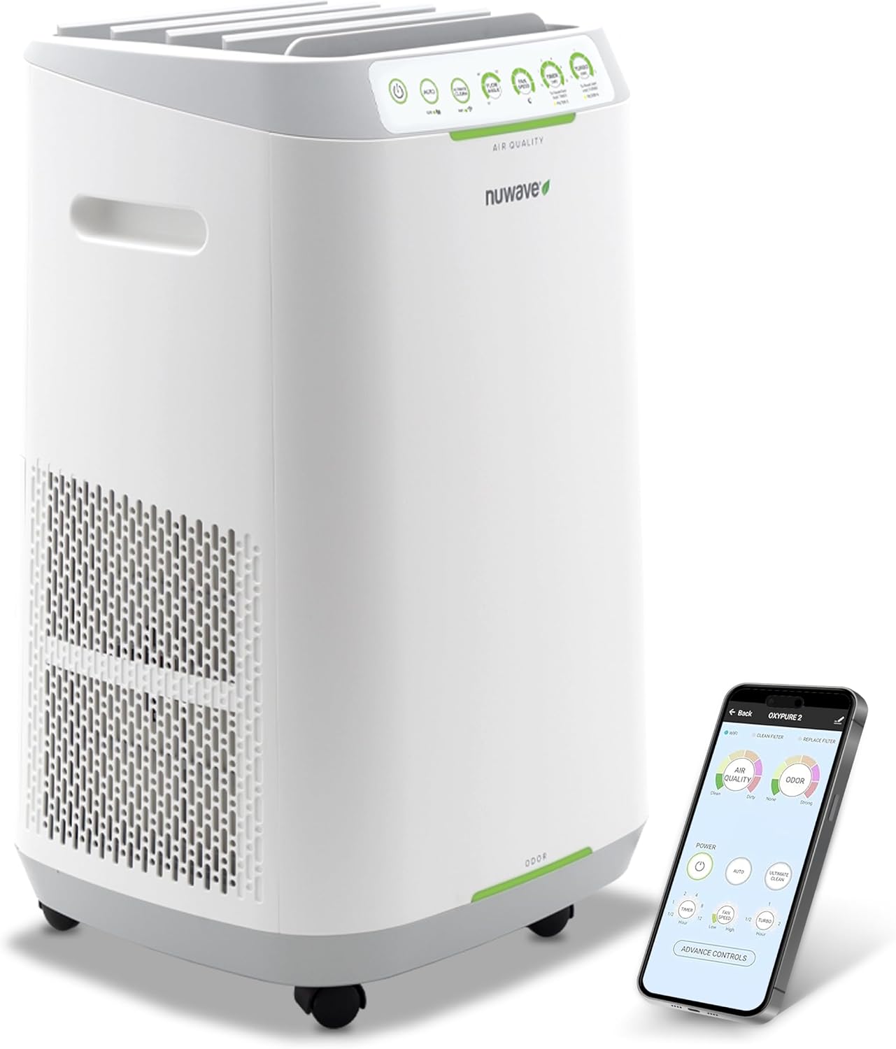 Tabletop smart air purifier with adjustable flow panel, utilitarian design โ front