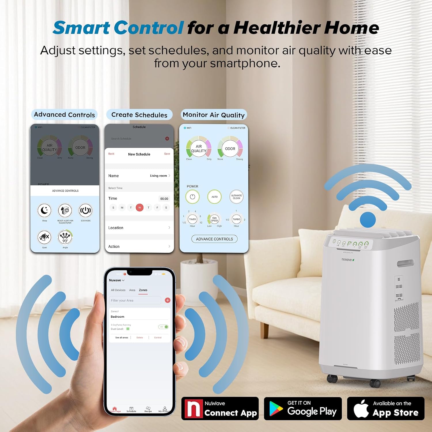 Tabletop smart air purifier with adjustable flow panel, utilitarian design โ view 3b
